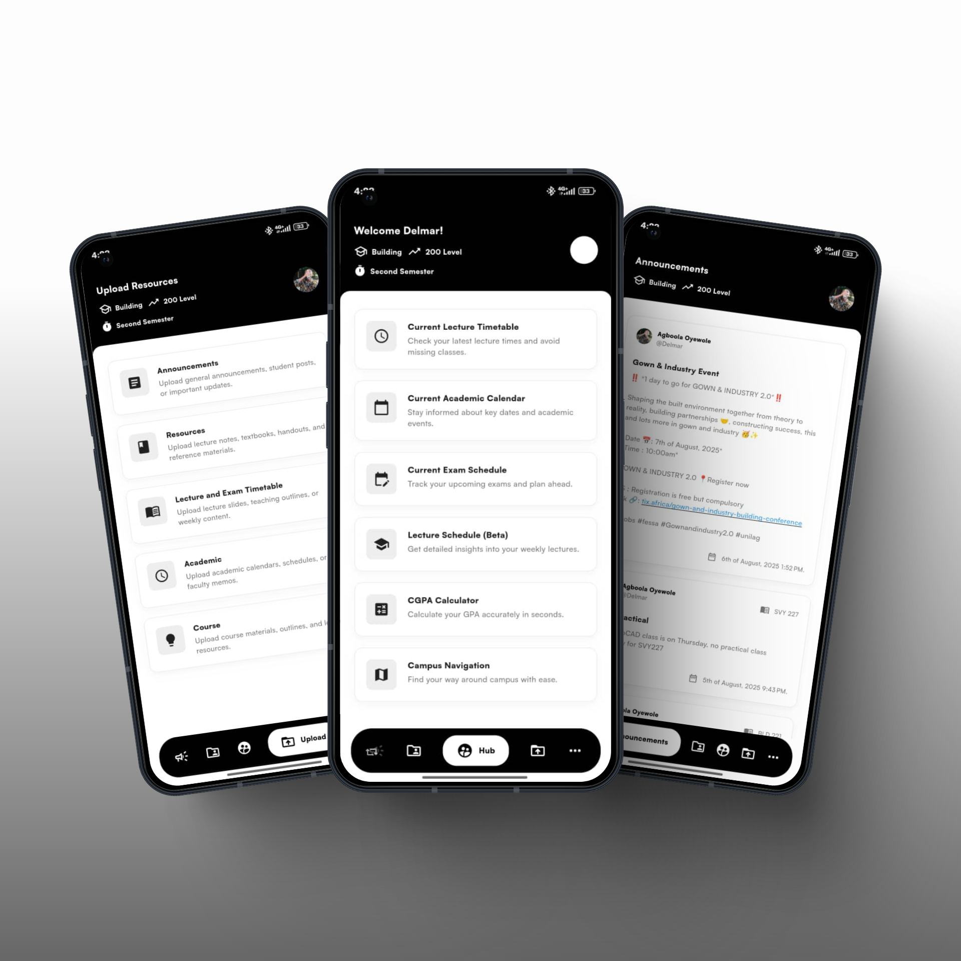 FES Connect app screenshot showing the main dashboard with various options like timetable, academic calendar, and CGPA calculator.